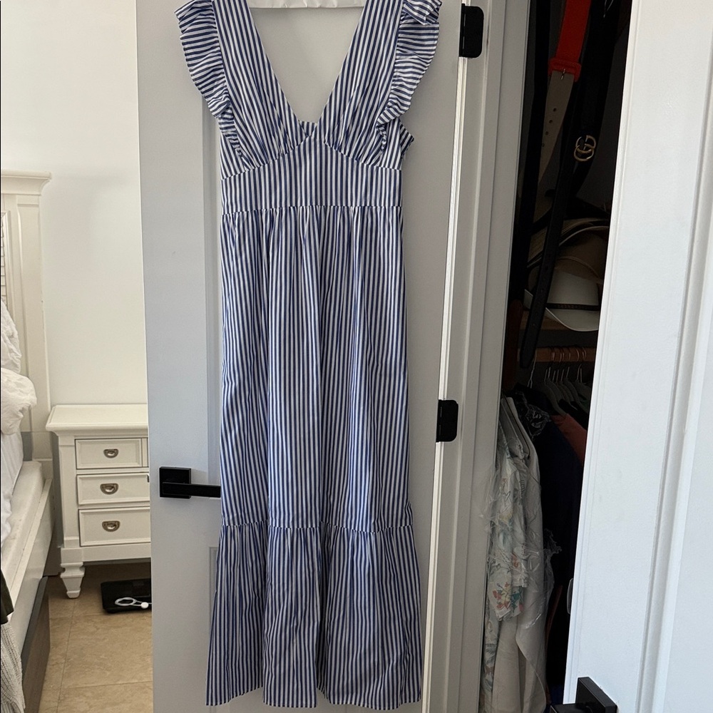 Skies Are Blue Blue and White Striped Maxi Dress